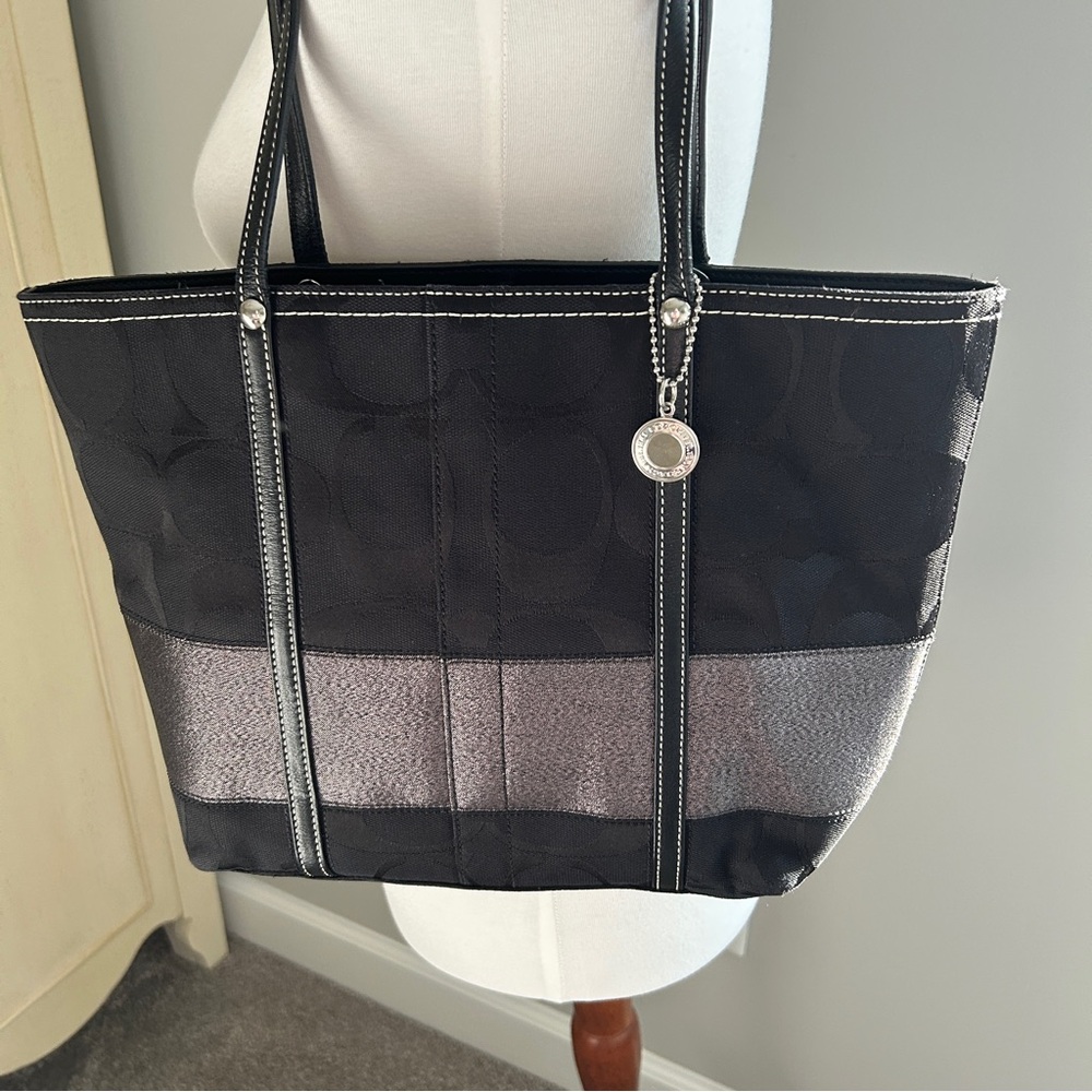 Coach Black Signature Tote with Metallic Stripe
